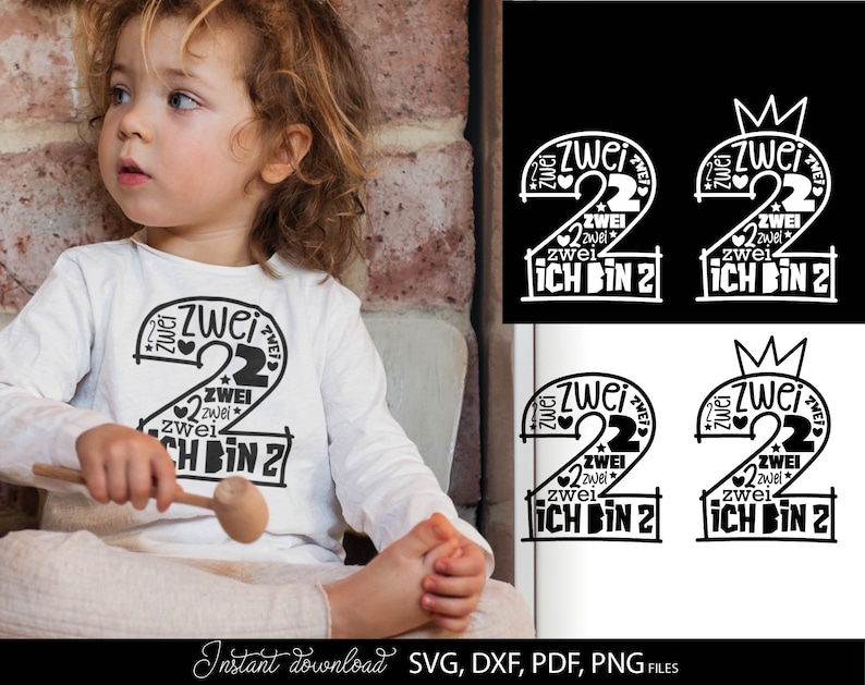 German kids birthday SVG bundle featuring numbers 1 to 9 with phrases like Ich bin 1, Ich bin 2, Ich bin 3 up to Ich bin 9 in decorative typography styles. Includes playful number designs filled with words and crown elements for children birthday themes. Perfect for kids birthday shirts, party outfits, custom clothing, mugs and DIY Cricut or Silhouette projects to create personalized birthday gifts and celebration designs for toddlers and young children.