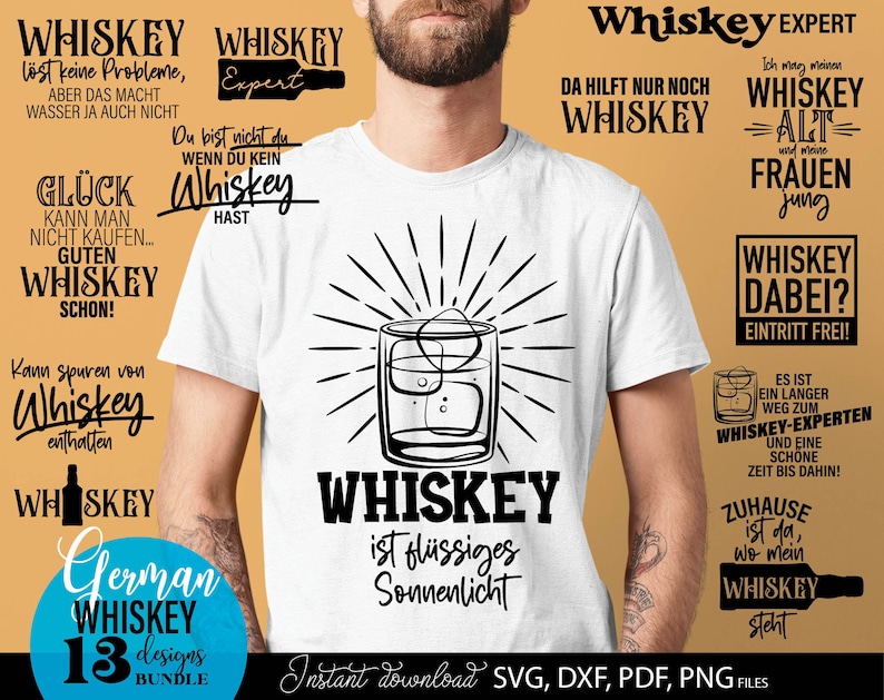 Whiskey SVG Bundle mit 13 humorvollen Spruch Designs rund um Whiskey Genuss und Lifestyle. Moderne Typografie kombiniert mit Gläsern, Flaschen und dekorativen Elementen verleiht jedem Motiv einen stilvollen und witzigen Charakter. Schwarz weiß Design sorgt für vielseitige Einsatzmöglichkeiten auf T Shirts, Hoodies, Bar Dekorationen und Geschenken. Perfekt für Whiskey Fans, Männergeschenke und kreative DIY Projekte mit Plotter oder Druck.