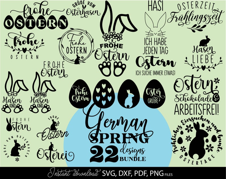 Easter SVG bundle featuring decorative German quotes and playful bunny themed designs in clean black line style. The set includes phrases like Frohe Ostern, Oster Grüße and Hasi, combined with rabbit silhouettes, bunny ears, Easter eggs, floral wreaths and spring elements. Typography varies from modern script to bold lettering, suitable for seasonal crafts. Ideal for Easter decorations, greeting cards, t-shirts, mugs, kids projects and Cricut or cutting machine use with a charming festive spring