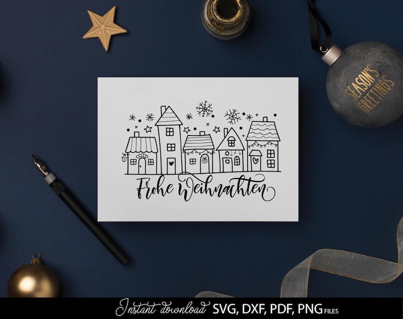 Schwarze und weiße Version des Motivs „Frohe Weihnachten“ mit winterlicher Häuserreihe, Sternen und Schneeflocken. Das Design ist vielseitig nutzbar für Druck, Plotten, Sublimation oder Laserarbeiten. Perfekt für weihnachtliche Projekte wie Karten, Poster, Geschenkverpackungen und kreative DIY Anwendungen, die eine elegante und festliche Note mit einem modernen grafischen Stil verbinden.