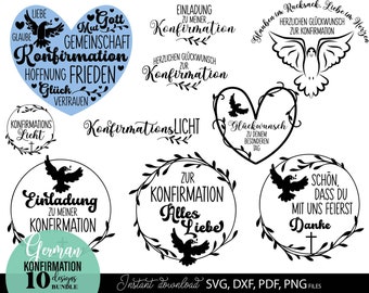Könnte beinhalten: Ein Set mit 10 digitalen Designs zur Konfirmation, mit verschiedenen Illustrationen und Texten auf Deutsch. Die Designs beinhalten Tauben, Kränze, Herzen und Texte wie "Konfirmation", "Glückwunsch" und "Einladung".