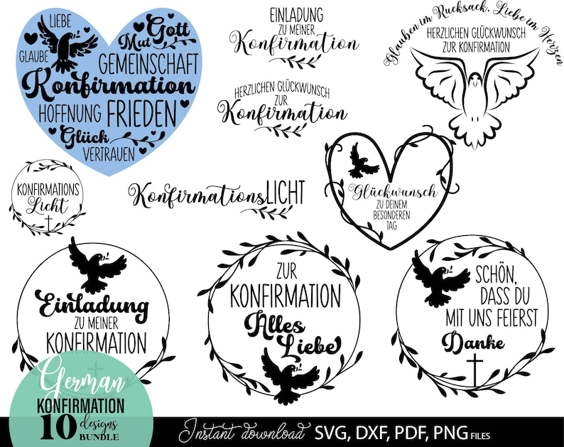 Konfirmation SVG Bundle mit christlichen Symbolen wie Taube, Kreuz, Herz und inspirierenden Sprüchen wie „Einladung zur Konfirmation“, „Herzlichen Glückwunsch“ und „Alles Liebe“. Stilvolle und moderne Designs ideal für Karten, Einladungen, Deko oder personalisierte Geschenke. Perfekt geeignet für DIY Projekte rund um Kirche, Glauben und besondere religiöse Anlässe wie Konfirmation.