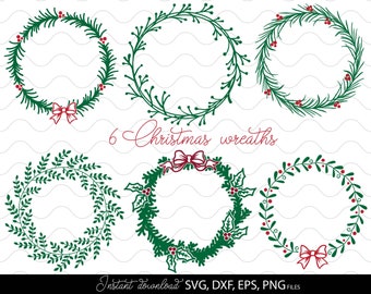 May include: Six green Christmas wreaths with red berries and red bows. Instant download SVG, DXF, EPS, PNG files.