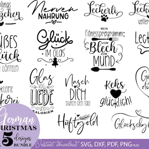 Pode incluir: Um conjunto de 15 designs de Natal alemães em escrita preta, com frases como "Leckerli" e "Keks glücklich!". Download instantâneo disponível nos formatos SVG, DXF, PDF e PNG.