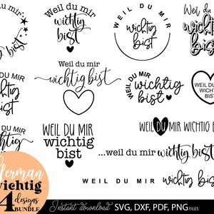 Set aus liebevollen deutschen Schriftzügen mit dem Spruch „Weil du mir wichtig bist“ in verschiedenen stilvollen Varianten. Moderne handgeschriebene Typografie kombiniert mit Herzen, Kreisen und dekorativen Elementen im minimalistischen Schwarz-Weiß Design. Die Motive wirken emotional, warm und persönlich. Perfekt geeignet für DIY Projekte wie Geschenkideen, Tassen, Karten, Poster oder Wanddeko. Ideal, um Wertschätzung, Liebe und besondere Gefühle kreativ auszudrücken.