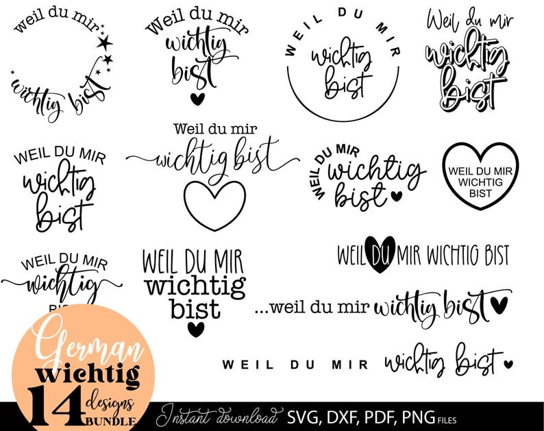 Set aus liebevollen deutschen Schriftzügen mit dem Spruch „Weil du mir wichtig bist“ in verschiedenen stilvollen Varianten. Moderne handgeschriebene Typografie kombiniert mit Herzen, Kreisen und dekorativen Elementen im minimalistischen Schwarz-Weiß Design. Die Motive wirken emotional, warm und persönlich. Perfekt geeignet für DIY Projekte wie Geschenkideen, Tassen, Karten, Poster oder Wanddeko. Ideal, um Wertschätzung, Liebe und besondere Gefühle kreativ auszudrücken.