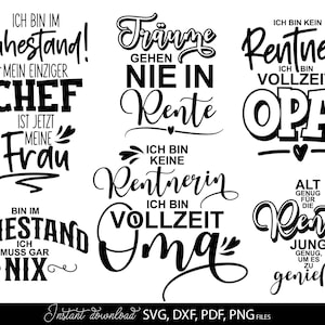 Kreatives Rentner SVG Bundle mit deutschen Sprüchen rund um Ruhestand, Rente und humorvolle Lebensweisheiten. Enthält moderne Typografie Designs wie „Ich bin im Ruhestand“, „Vollzeit Opa“, „Alt genug für die Rente“ sowie dekorative Schriftzüge für Männer und Frauen. Ideal für DIY Projekte wie T-Shirts, Tassen, Geschenke zum Renteneintritt oder personalisierte Dekoration. Perfekt geeignet für Plotterarbeiten mit stilvollen und lustigen Designs für den neuen Lebensabschnitt.