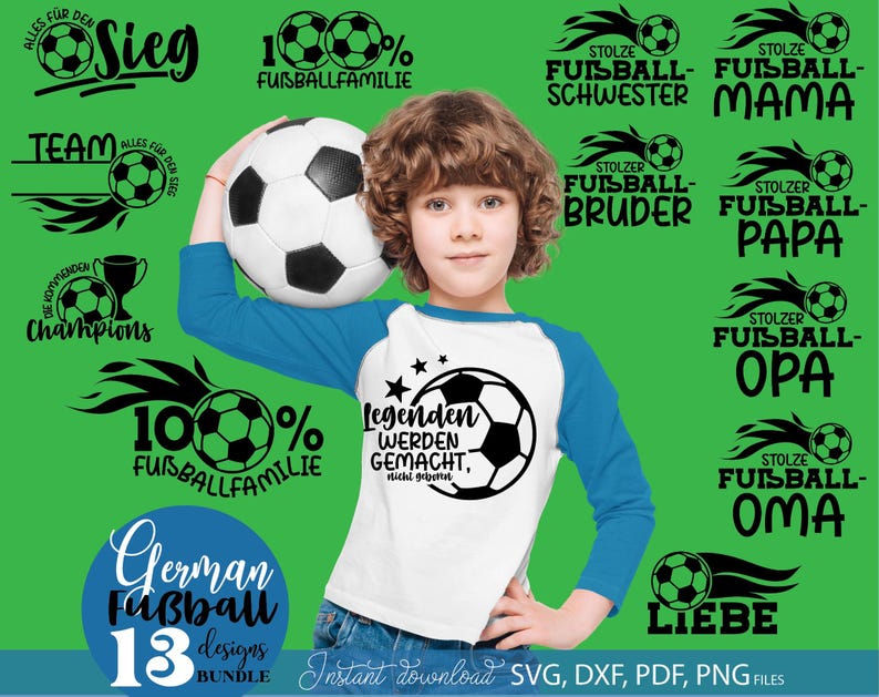 Fußball SVG Bundle mit deutschen Sprüchen für die ganze Familie wie „Stolzer Fußball Papa“, „Fußball Mama“, „Opa“, „Bruder“ und „Schwester“. Enthält sportliche Designs mit Fußball Motiven, Flammen, Pokalen und Team Sprüchen. Perfekt geeignet für DIY Projekte wie T-Shirts, Hoodies, Fan Kleidung oder Geschenke für Fußballfans, Familien und Vereinsmitglieder.