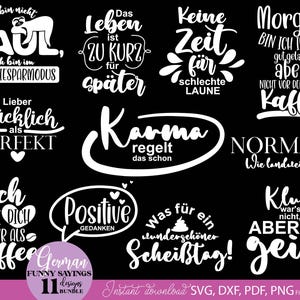Humorvolles SVG Bundle mit deutschen lustigen Sprüchen und kreativen Typografie Designs für Alltag und gute Laune. Enthält witzige Aussagen wie „Ich bin nicht faul“, „Morgens erst Kaffee“, „Karma regelt das schon“ sowie moderne Schriftzüge mit verspielten Elementen. Perfekt geeignet für DIY Projekte wie Tassen, T-Shirts, Geschenke oder personalisierte Dekoration. Ideal für Plotterarbeiten mit humorvollen, frechen und unterhaltsamen Designs.