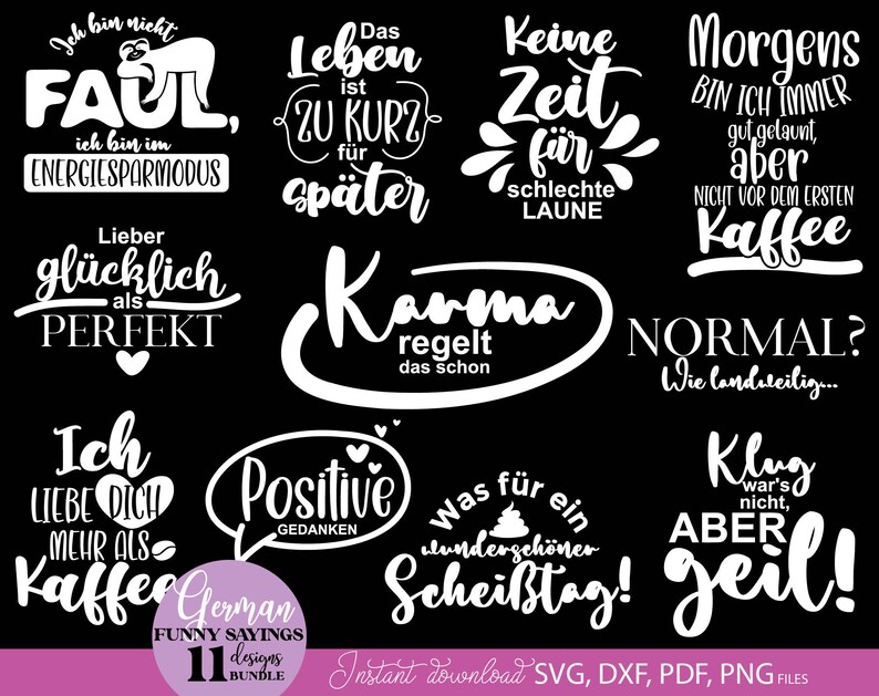 Humorvolles SVG Bundle mit deutschen lustigen Sprüchen und kreativen Typografie Designs für Alltag und gute Laune. Enthält witzige Aussagen wie „Ich bin nicht faul“, „Morgens erst Kaffee“, „Karma regelt das schon“ sowie moderne Schriftzüge mit verspielten Elementen. Perfekt geeignet für DIY Projekte wie Tassen, T-Shirts, Geschenke oder personalisierte Dekoration. Ideal für Plotterarbeiten mit humorvollen, frechen und unterhaltsamen Designs.