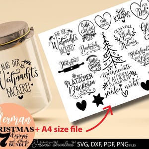 Großes German Christmas Bundle mit 17 festlichen SVG-Designs, perfekt für Weihnachten. Enthält beliebte Sprüche wie „Weihnachtskalorien zählen nicht“, „Glück im Glas“ und „Süße Grüße“. Ideal für DIY-Projekte, Geschenke, Etiketten, Tassen, Schürzen und Plakate. Sofort downloadbare, hochwertige Dateien für kreative Arbeiten.