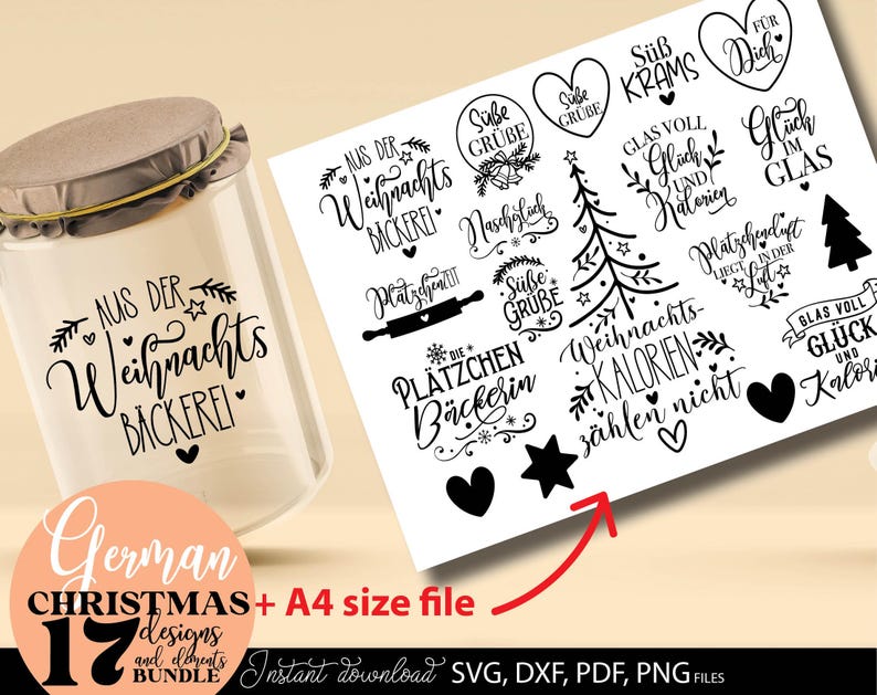 Großes German Christmas Bundle mit 17 festlichen SVG-Designs, perfekt für Weihnachten. Enthält beliebte Sprüche wie „Weihnachtskalorien zählen nicht“, „Glück im Glas“ und „Süße Grüße“. Ideal für DIY-Projekte, Geschenke, Etiketten, Tassen, Schürzen und Plakate. Sofort downloadbare, hochwertige Dateien für kreative Arbeiten.