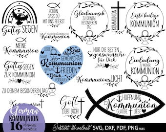 Pacchetto SVG Kommunion, Erste heilige Kommunion Sprüche, Plotter Datei Einladung Karte Design