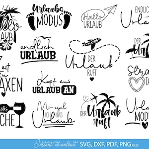 May include: A collection of black and white vacation-themed graphics. Designs include phrases like "Hello Vacation," "Vacation Mode," and "Time to Relax," along with illustrations of a palm tree, airplane, and beach bag.