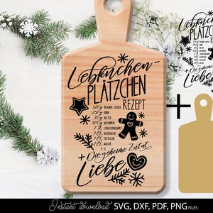 Detailliertes Weihnachtsdesign „Lebkuchen-Plätzchen Rezept“ als digitale Datei für kreative DIY-Projekte. Perfekt für Schürzen, Schneidebretter, Tassen oder Weihnachtsgeschenke. Enthält schöne Schriftzüge, Sterne, Herzen und den Spruch „Die geheime Zutat ist Liebe“. Ideal für Cricut, Silhouette und Sublimation.