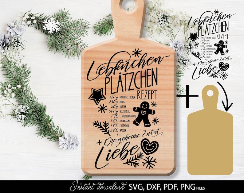 Detailliertes Weihnachtsdesign „Lebkuchen-Plätzchen Rezept“ als digitale Datei für kreative DIY-Projekte. Perfekt für Schürzen, Schneidebretter, Tassen oder Weihnachtsgeschenke. Enthält schöne Schriftzüge, Sterne, Herzen und den Spruch „Die geheime Zutat ist Liebe“. Ideal für Cricut, Silhouette und Sublimation.