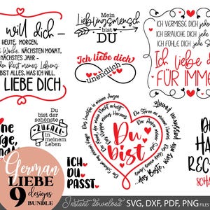 May include: A bundle of nine German-language designs featuring romantic phrases in black and red. Phrases include "Ich liebe dich" and "Du bist". The designs use various fonts and styles, with hearts and decorative elements.