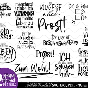 May include: A digital download featuring 12 German alcohol-themed designs in black and white. The designs include phrases like "Prost!" and "Zum Wohl!" and are available as SVG, DXF, PDF, and PNG files. The designs are suitable for various craft projects.