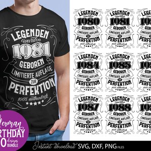 Vorschaubild eines personalisierten deutschen Geburtstag SVG Bundles mit Vintage Typografie Designs für Männer der Jahrgänge 1980 bis 1989. Die Motive enthalten auffällige deutsche Schriftzüge mit humorvollen Aussagen über limitierte Auflage und Perfektion. Links trägt ein Mann ein schwarzes T Shirt mit dem 1984 Design, rechts sind weitere Geburtstagsmotive dargestellt. Enthalten sind SVG, DXF und PNG Dateien für Cricut, Sublimation, personalisierte Geschenke, Shirts, Tassen und DIY Projekte.