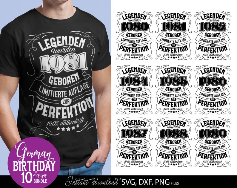Vorschaubild eines personalisierten deutschen Geburtstag SVG Bundles mit Vintage Typografie Designs für Männer der Jahrgänge 1980 bis 1989. Die Motive enthalten auffällige deutsche Schriftzüge mit humorvollen Aussagen über limitierte Auflage und Perfektion. Links trägt ein Mann ein schwarzes T Shirt mit dem 1984 Design, rechts sind weitere Geburtstagsmotive dargestellt. Enthalten sind SVG, DXF und PNG Dateien für Cricut, Sublimation, personalisierte Geschenke, Shirts, Tassen und DIY Projekte.