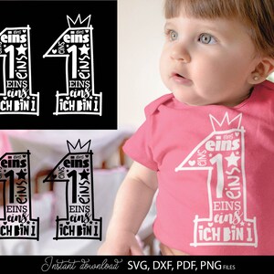 German kids birthday SVG bundle featuring numbers 1 to 9 with phrases like Ich bin 1, Ich bin 2, Ich bin 3 up to Ich bin 9 in decorative typography styles. Includes playful number designs filled with words and crown elements for children birthday themes. Perfect for kids birthday shirts, party outfits, custom clothing, mugs and DIY Cricut or Silhouette projects to create personalized birthday gifts and celebration designs for toddlers and young children.