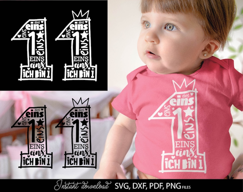 German kids birthday SVG bundle featuring numbers 1 to 9 with phrases like Ich bin 1, Ich bin 2, Ich bin 3 up to Ich bin 9 in decorative typography styles. Includes playful number designs filled with words and crown elements for children birthday themes. Perfect for kids birthday shirts, party outfits, custom clothing, mugs and DIY Cricut or Silhouette projects to create personalized birthday gifts and celebration designs for toddlers and young children.