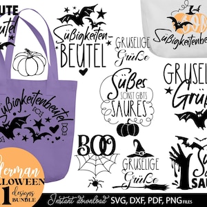 May include: A collection of Halloween-themed designs, including a purple tote bag with a pumpkin and bat graphic, and various text elements like "BOO" and "Gruselige Grüße". The designs are available as SVG, DXF, PDF, and PNG files.