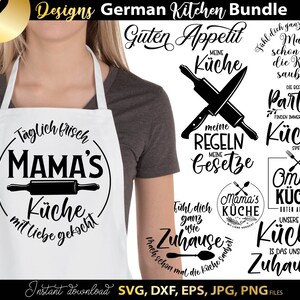 May include: A white apron with the text "Mama's Küche" and other German kitchen-themed designs. The image includes various kitchen-related phrases and graphics, such as rolling pins, knives, and spoons. The words "German Kitchen Bundle" are at the top.