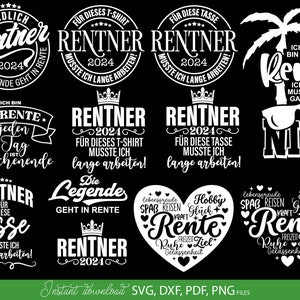 Rentner SVG Bundle mit 11 humorvollen deutschen Sprüchen und Designs rund um Rente und Ruhestand. Enthält Motive wie Endlich Rentner 2024, Ich bin in Rente, Rentner musste lange arbeiten sowie kreative Typografie mit Krone, Herz und Sonnenbrille. Modernes schwarz weiß Design eignet sich perfekt für T-Shirts, Tassen, Geschenke und DIY Projekte zum Ruhestand. Ideal für Plotter Dateien zur Gestaltung persönlicher Rentner Geschenke und witziger Dekoration.