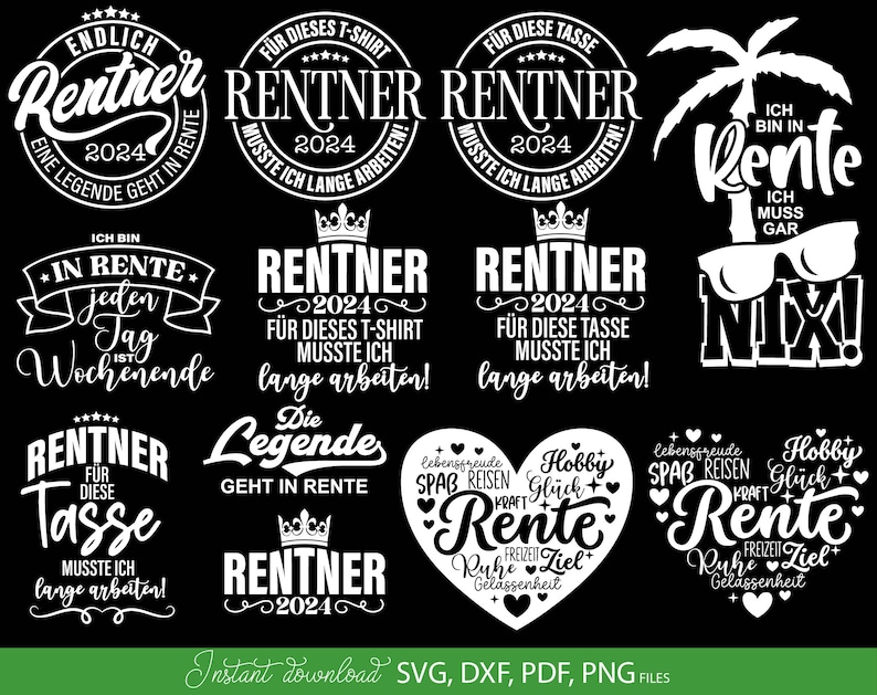 Rentner SVG Bundle mit 11 humorvollen deutschen Sprüchen und Designs rund um Rente und Ruhestand. Enthält Motive wie Endlich Rentner 2024, Ich bin in Rente, Rentner musste lange arbeiten sowie kreative Typografie mit Krone, Herz und Sonnenbrille. Modernes schwarz weiß Design eignet sich perfekt für T-Shirts, Tassen, Geschenke und DIY Projekte zum Ruhestand. Ideal für Plotter Dateien zur Gestaltung persönlicher Rentner Geschenke und witziger Dekoration.