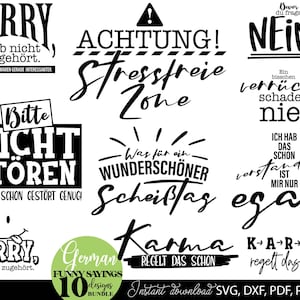Op de afbeelding: Een verzameling Duitse zinnen en uitspraken in zwart en wit in verschillende lettertypen. De zinnen omvatten "Sorry, hab nicht zugehört", "Achtung! Stressfreie Zone" en "Bitte nicht stören". De afbeelding bevat ook de tekst "German Funny Sayings 10 designs bundle."