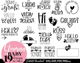 Może przedstawiać: Zestaw 19 niemieckich wzorów dla dzieci w czerni i bieli, zawierających frazy takie jak "Hallo Baby" i "Mama's Schatz". Wzory obejmują odciski stóp dziecka, serca i ilustrację butelki dla dziecka. Natychmiastowe pobieranie.