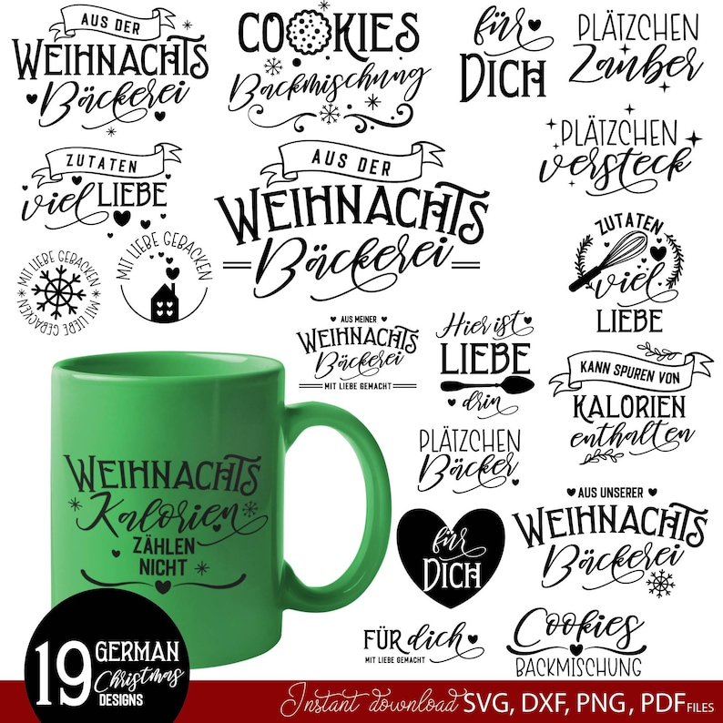 Großes Bundle mit personalisierbaren Weihnachts SVG Designs rund um Plätzchen, Weihnachtsbäckerei und festliche DIY Geschenkideen im modernen handgeschriebenen Stil. Enthalten sind kreative deutsche Sprüche wie „Aus der Weihnachts Bäckerei“, „Plätzchen Zauber“, „Cookies Backmischung“, „Zutaten viel Liebe“ und „Mit Liebe gebacken“. Die stilisierten Weihnachtsmotive eignen sich perfekt für Keksdosen, Backmischungen im Glas, Geschenkverpackungen, Kerzen Tattoos, Schürzen, Küchen Deko.