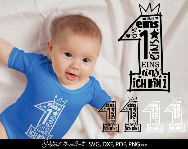 Schwarzes typografisches Design mit der Zahl 1 in kreativer Schriftgestaltung und kleinen Sternen sowie Herzsymbolen, kombiniert mit dem Text „Ich bin 1“ und mehrfach wiederholtem Wort „eins“. Das Motiv ist auf einem hellblauen Babybody dargestellt und zusätzlich in verschiedenen Farbvarianten als Grafik gezeigt. Perfekt geeignet für den ersten Geburtstag eines Kindes, für DIY Projekte wie Kleidung, Deko oder personalisierte Geschenke zur Feier des ersten Lebensjahres.