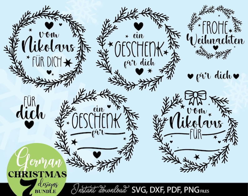 Sammlung aus sieben personalisierbaren Weihnachtsdesigns mit Tannenkränzen, Nikolaus Grüßen, Geschenkanhängern und festlichen Weihnachtsbotschaften. Die Motive zeigen dekorative Kränze aus Tannenzweigen, Herzen, Sterne, Schleifen und klassische Schriftzüge wie „Vom Nikolaus für dich“, „Ein Geschenk für dich“ und „Frohe Weihnachten“. Die elegante schwarzweiße Gestaltung verbindet moderne Handlettering Elemente mit traditioneller Weihnachtsoptik und eignet sich für Geschenke, Verpackungen.
