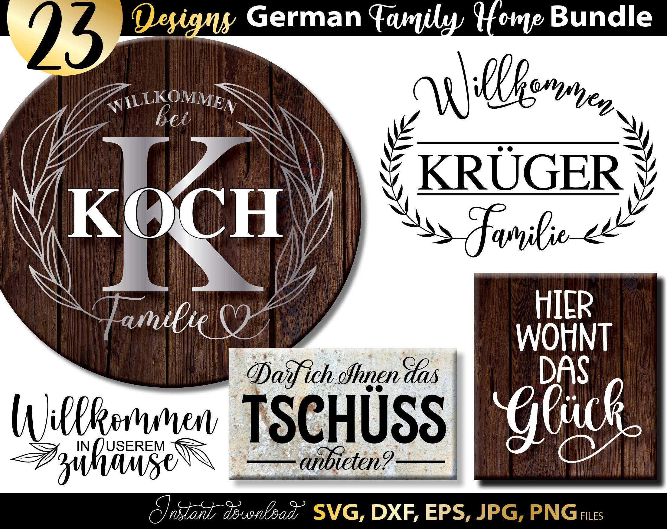 German Willkommen Plotter File Svg Bundle | German Welcome To Our Home Plotter File SVG DXF EPS Png | German Home File Svg Leaf Banner Herz