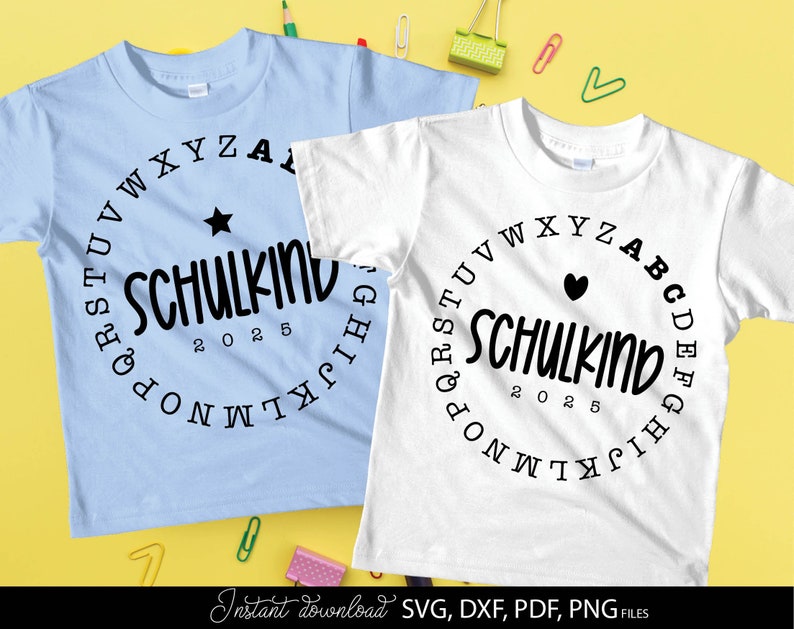 Modernes Schulkind SVG Bundle mit minimalistischen Typografie Designs für Einschulung und Schulstart. Die Motive zeigen den Schriftzug Schulkind mit Jahreszahlen 2024 bis 2027 in Kombination mit kreisförmig angeordnetem Alphabet sowie Stern und Herz Symbolen. Die klaren schwarz weißen Designs wirken modern und kindgerecht zugleich. Ideal für Einschulung Shirts Schultüten Schulstart Deko Kindergeschenke Tassen Taschen Poster und kreative DIY Projekte für Jungen und Mädchen zum ersten Schultag.