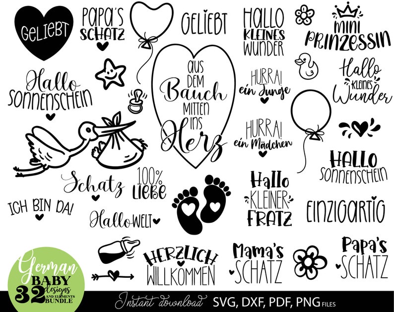 Großes Baby SVG Bundle mit liebevollen deutschen Sprüchen und niedlichen Illustrationen für Neugeborene und Familienmomente. Enthält Designs wie „Hallo Sonnenschein“, „Mama’s Schatz“, „Papa’s Schatz“, Herzen, Babyfüße, Storch und Ballons in moderner Typografie. Perfekt geeignet für DIY Projekte wie Baby Bodys, T-Shirts, Geschenke zur Geburt, Dekoration oder personalisierte Erinnerungsstücke. Ideal für kreative Plotterarbeiten mit emotionalem und familienfreundlichem Stil.