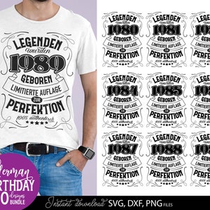 Vorschaubild eines personalisierten deutschen Geburtstag SVG Bundles mit Vintage Typografie Designs für Männer der Jahrgänge 1980 bis 1989. Die Motive enthalten auffällige deutsche Schriftzüge mit humorvollen Aussagen über limitierte Auflage und Perfektion. Links trägt ein Mann ein schwarzes T Shirt mit dem 1984 Design, rechts sind weitere Geburtstagsmotive dargestellt. Enthalten sind SVG, DXF und PNG Dateien für Cricut, Sublimation, personalisierte Geschenke, Shirts, Tassen und DIY Projekte.
