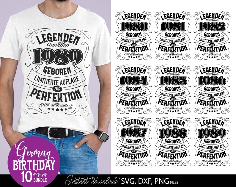Vorschaubild eines personalisierten deutschen Geburtstag SVG Bundles mit Vintage Typografie Designs für Männer der Jahrgänge 1980 bis 1989. Die Motive enthalten auffällige deutsche Schriftzüge mit humorvollen Aussagen über limitierte Auflage und Perfektion. Links trägt ein Mann ein schwarzes T Shirt mit dem 1984 Design, rechts sind weitere Geburtstagsmotive dargestellt. Enthalten sind SVG, DXF und PNG Dateien für Cricut, Sublimation, personalisierte Geschenke, Shirts, Tassen und DIY Projekte.