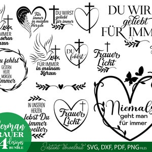 German Trauer Plotter File Bundle. SVG DXF PDF PNG files included. Compatible with Cricut, Silhouette, sublimation printers .etc. Cut from vinyl, use for sublimation or laser cut or grave projects. Buy now for a good price and enjoy!