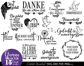 Könnte beinhalten: Eine Sammlung von 15 deutschen Gedenkdesigns in Schwarz, darunter Kreuze, Tauben, Engelsflügel und Sätze wie "Danke" und "Geliebt und unvergessen". Erhältlich als SVG-, DXF-, PDF- und PNG-Dateien.