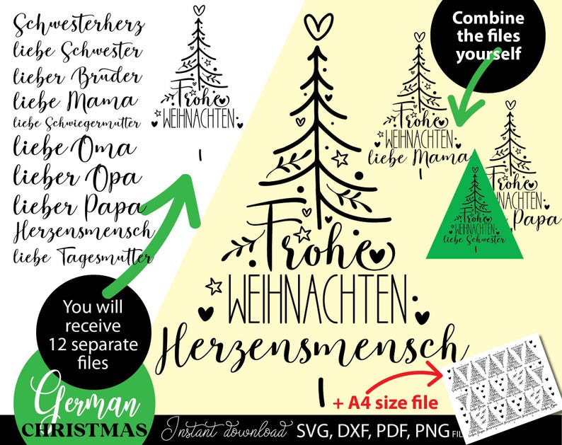 Liebevoll gestaltetes Weihnachtsdesign mit eleganter Schleife, Sternen und Tannenzweigen, perfekt für personalisierte Geschenke, Tischdekorationen, Karten und kreative Bastelprojekte. Individuell anpassbar für Namen oder Initialen, um eine festliche Stimmung zu schaffen. Die grafischen Elemente ermöglichen vielseitige Anwendungen in DIY-Projekten, Scrapbooking, Geschenkanhängern oder Weihnachtskarten und bieten eine charmante, handwerkliche Gestaltungsmöglichkeit für Familien.