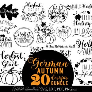 Op de afbeelding: Een bundel van 20 Duitse herfstontwerpen in zwart en oranje. De ontwerpen bevatten pompoenen, bladeren en zinnen als "Hallo Herbst" en "Herbst Glück". Direct downloaden in SVG-, DXF-, PDF- en PNG-formaten.