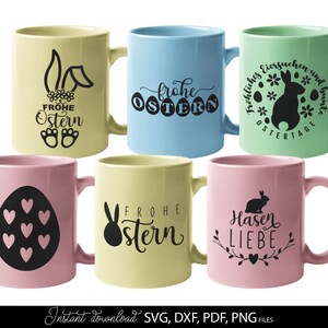 Easter SVG bundle featuring decorative German quotes and playful bunny themed designs in clean black line style. The set includes phrases like Frohe Ostern, Oster Grüße and Hasi, combined with rabbit silhouettes, bunny ears, Easter eggs, floral wreaths and spring elements. Typography varies from modern script to bold lettering, suitable for seasonal crafts. Ideal for Easter decorations, greeting cards, t-shirts, mugs, kids projects and Cricut or cutting machine use with a charming festive spring