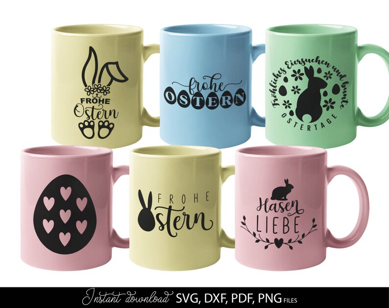 Easter SVG bundle featuring decorative German quotes and playful bunny themed designs in clean black line style. The set includes phrases like Frohe Ostern, Oster Grüße and Hasi, combined with rabbit silhouettes, bunny ears, Easter eggs, floral wreaths and spring elements. Typography varies from modern script to bold lettering, suitable for seasonal crafts. Ideal for Easter decorations, greeting cards, t-shirts, mugs, kids projects and Cricut or cutting machine use with a charming festive spring