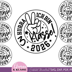 May include: A collection of circular black and white graphic designs featuring a hand making a peace sign, stars, and the German text Hurra Ich Bin 3 Klasse along with various years including 2026, 2027, 2028, 2029, 2030, 2031, and 2032.