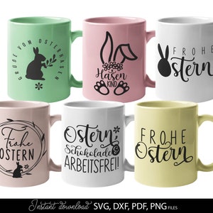 Easter SVG bundle featuring decorative German quotes and playful bunny themed designs in clean black line style. The set includes phrases like Frohe Ostern, Oster Grüße and Hasi, combined with rabbit silhouettes, bunny ears, Easter eggs, floral wreaths and spring elements. Typography varies from modern script to bold lettering, suitable for seasonal crafts. Ideal for Easter decorations, greeting cards, t-shirts, mugs, kids projects and Cricut or cutting machine use with a charming festive spring