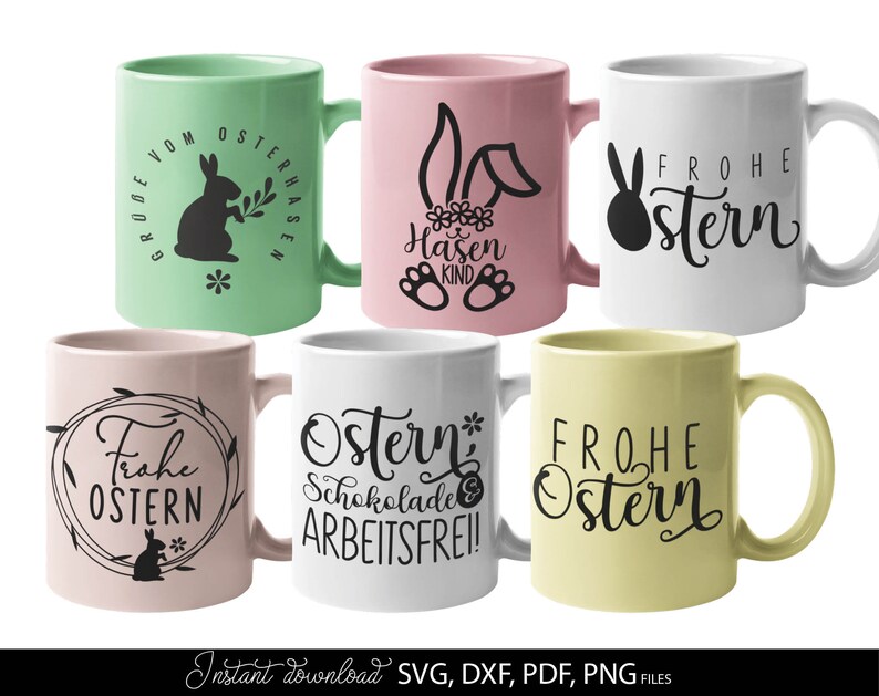 Easter SVG bundle featuring decorative German quotes and playful bunny themed designs in clean black line style. The set includes phrases like Frohe Ostern, Oster Grüße and Hasi, combined with rabbit silhouettes, bunny ears, Easter eggs, floral wreaths and spring elements. Typography varies from modern script to bold lettering, suitable for seasonal crafts. Ideal for Easter decorations, greeting cards, t-shirts, mugs, kids projects and Cricut or cutting machine use with a charming festive spring