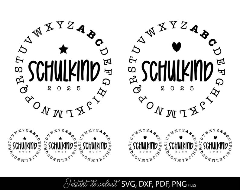 Modernes Schulkind SVG Bundle mit minimalistischen Typografie Designs für Einschulung und Schulstart. Die Motive zeigen den Schriftzug Schulkind mit Jahreszahlen 2024 bis 2027 in Kombination mit kreisförmig angeordnetem Alphabet sowie Stern und Herz Symbolen. Die klaren schwarz weißen Designs wirken modern und kindgerecht zugleich. Ideal für Einschulung Shirts Schultüten Schulstart Deko Kindergeschenke Tassen Taschen Poster und kreative DIY Projekte für Jungen und Mädchen zum ersten Schultag.